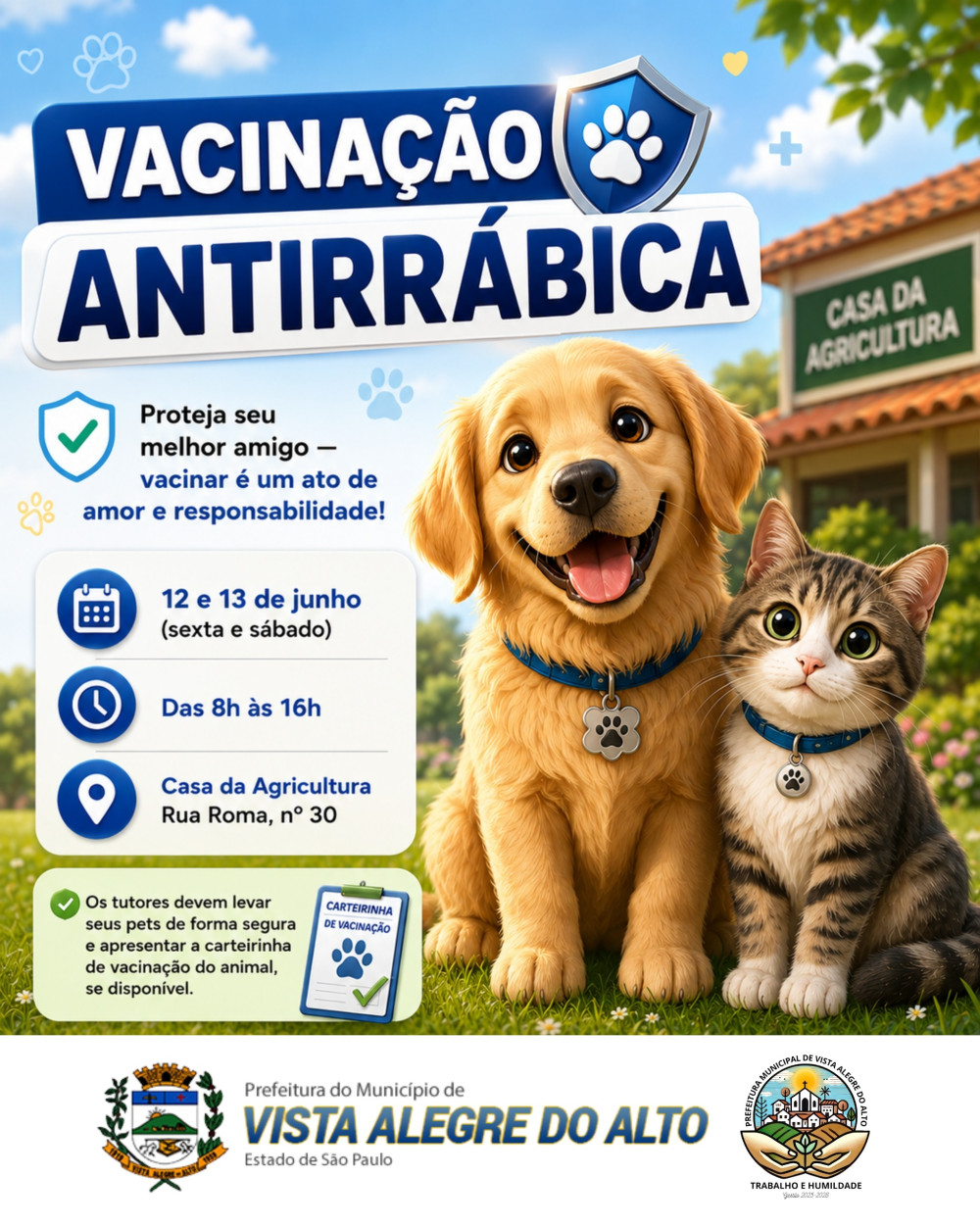 Campanha de vacinação antirrábica acontece nos dias 12 e 13 de junho.