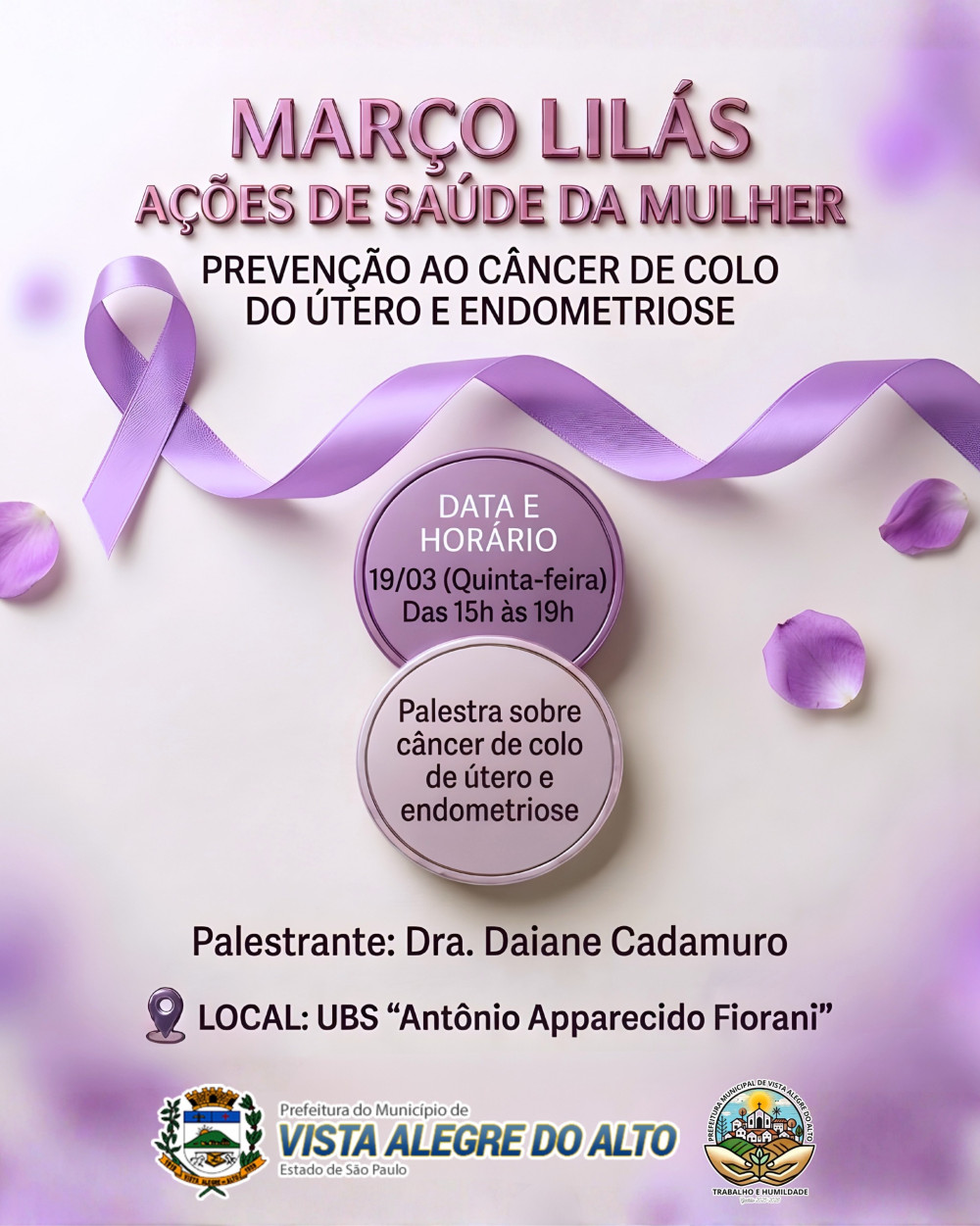 Prefeitura de Vista Alegre do Alto promove ação do “Março Lilás” com foco na saúde da mulher.