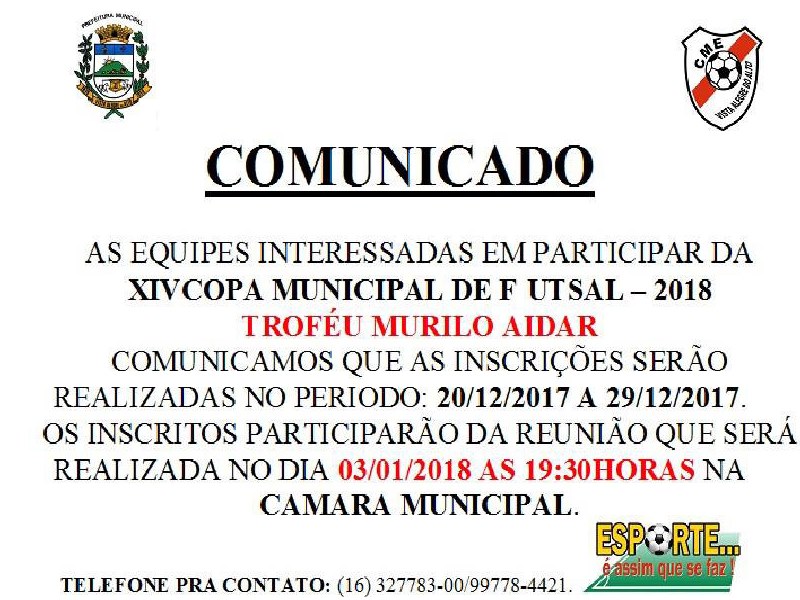Esporte abre inscrições para a Copa Municipal de Futsal 2018.