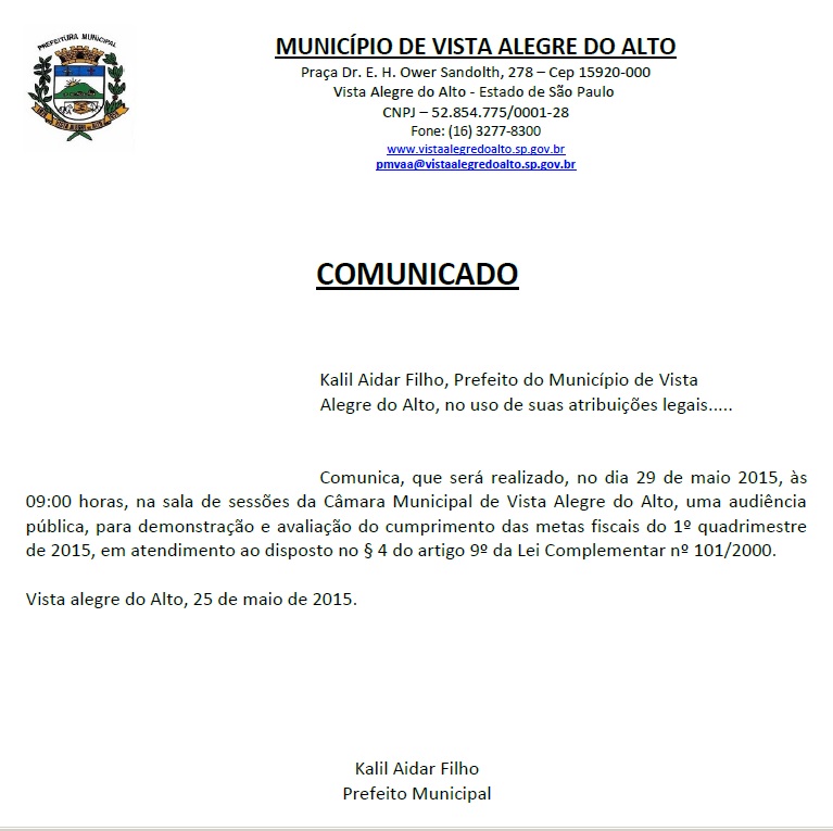 Comunicado Audiência Pública LRF 1º quadrimestre de 2015
