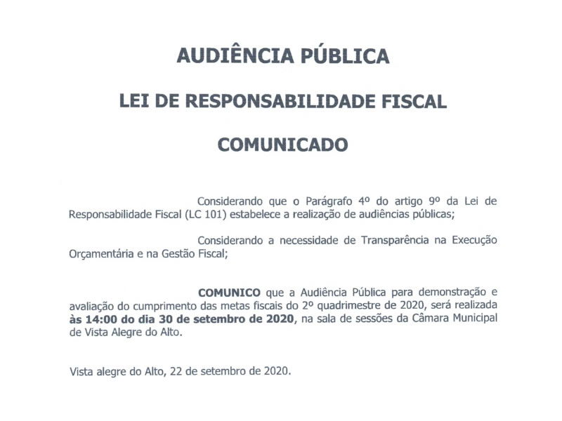 Comunicado - Audiência Pública LRF 2º Quadrimestre de 2020.