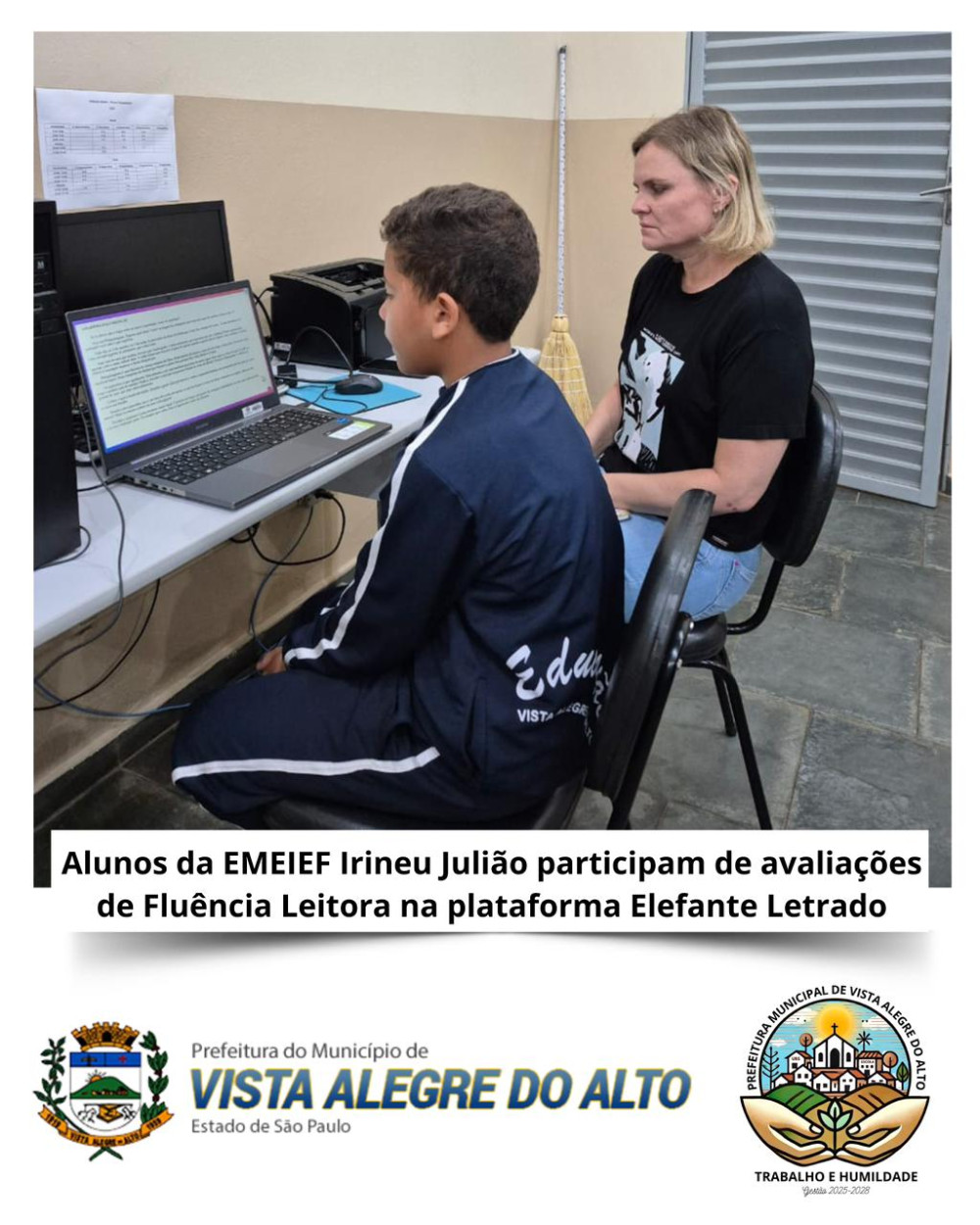 Alunos da EMEIEF Irineu Julião participam de avaliações de Fluência Leitora na plataforma Elefante Letrado.