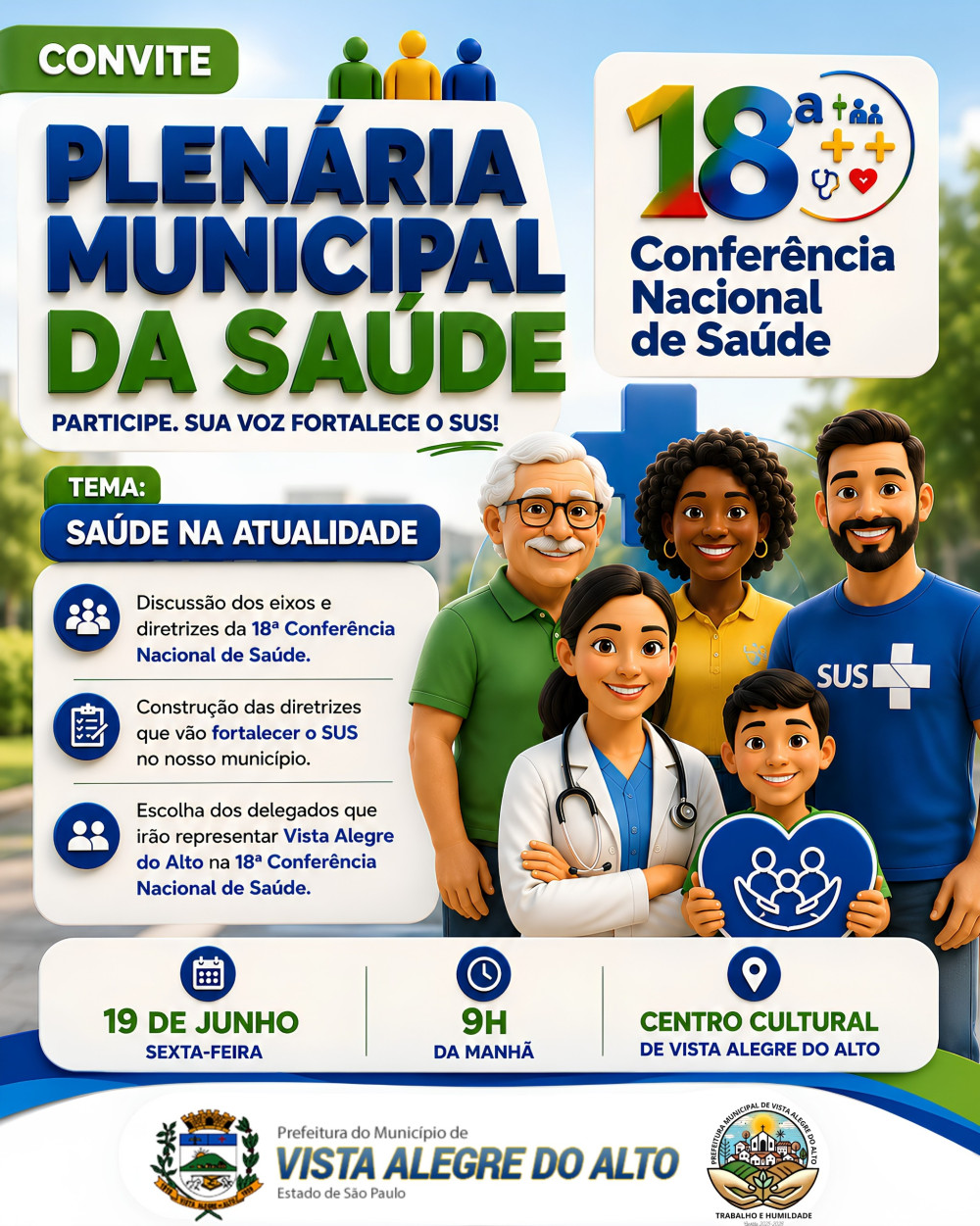 Vista Alegre do Alto realizará Plenária Municipal da Saúde no dia 19 de junho.