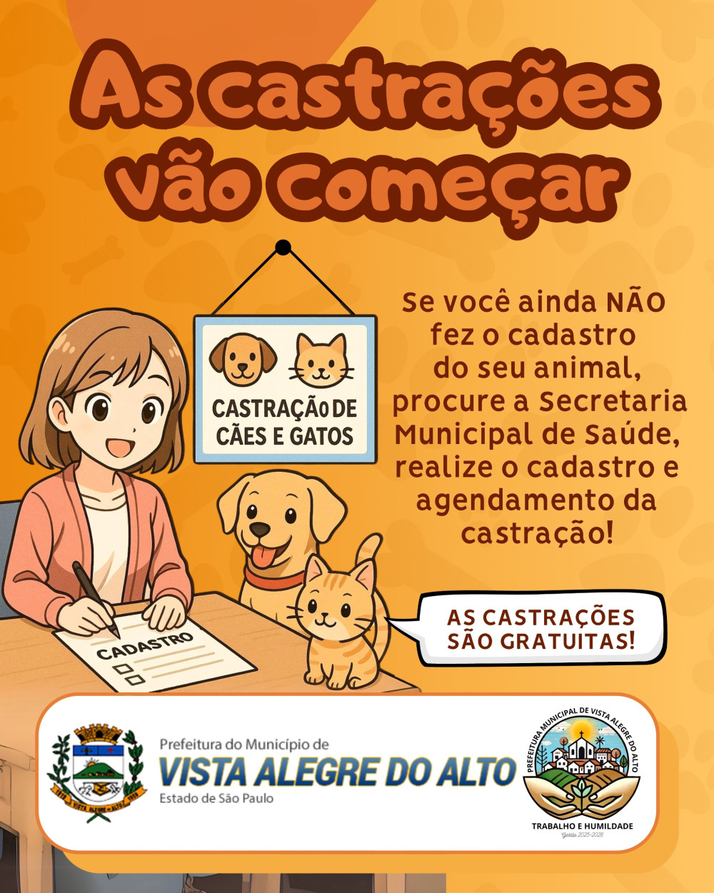 As castrações gratuitas de cães e gatos começam no dia 2 de junho.