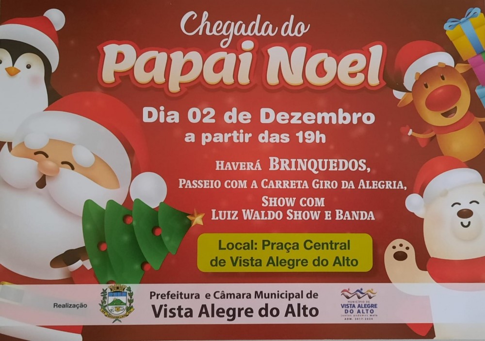Chegada do Papai Noel acontece no dia 2 de dezembro em Vista Alegre.
