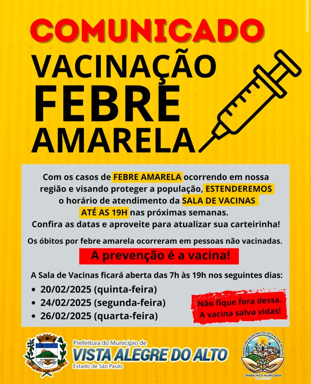 Comunicado vacinação Febre Amarela.