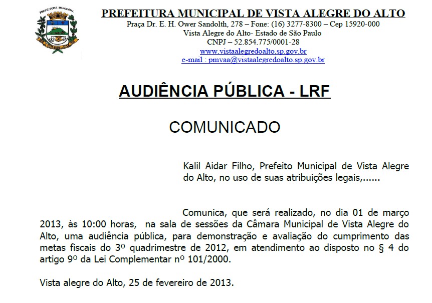 Comunicado Audiência Pública - LRF