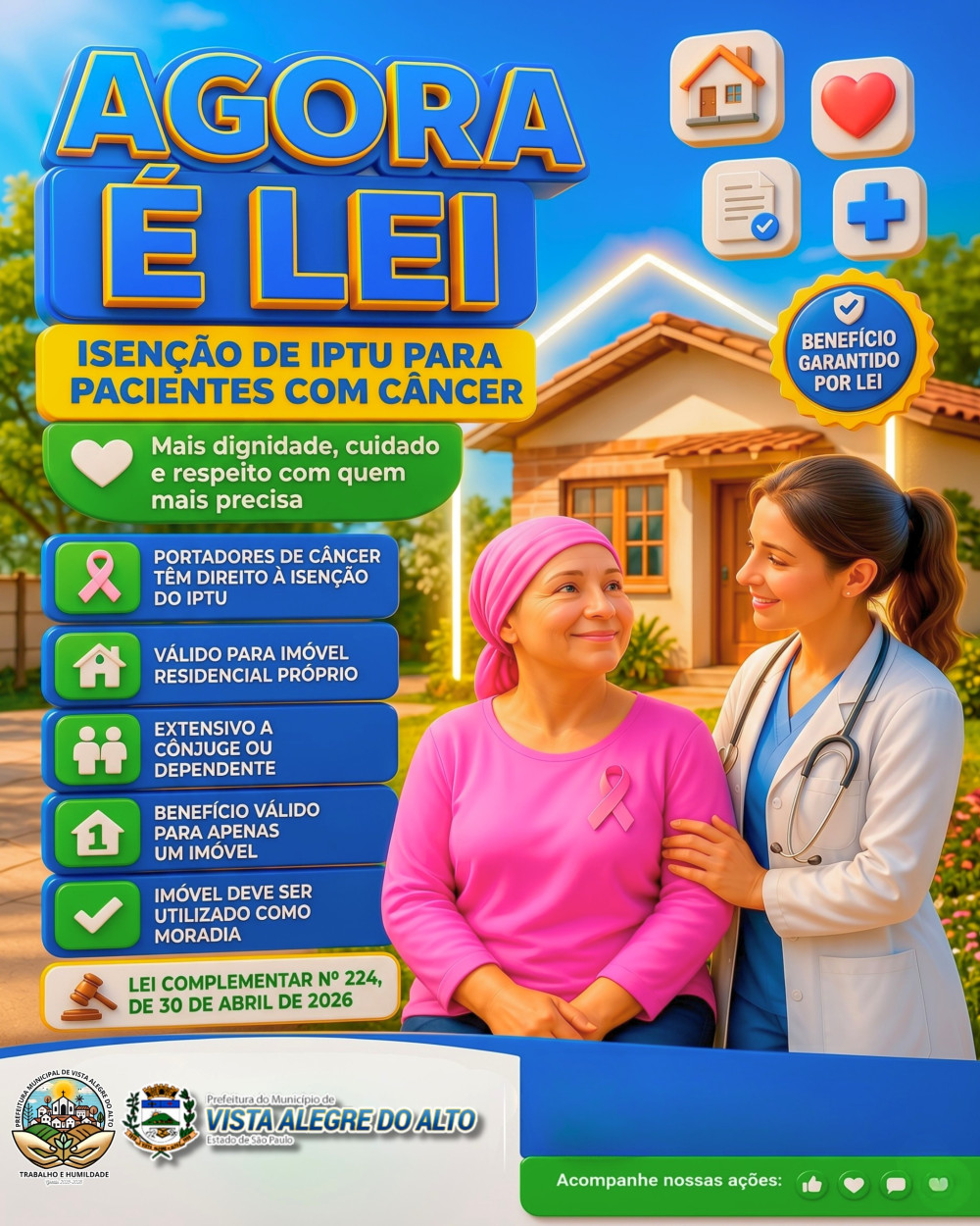 Prefeitura de Vista Alegre do Alto concede isenção de IPTU para pacientes com câncer.