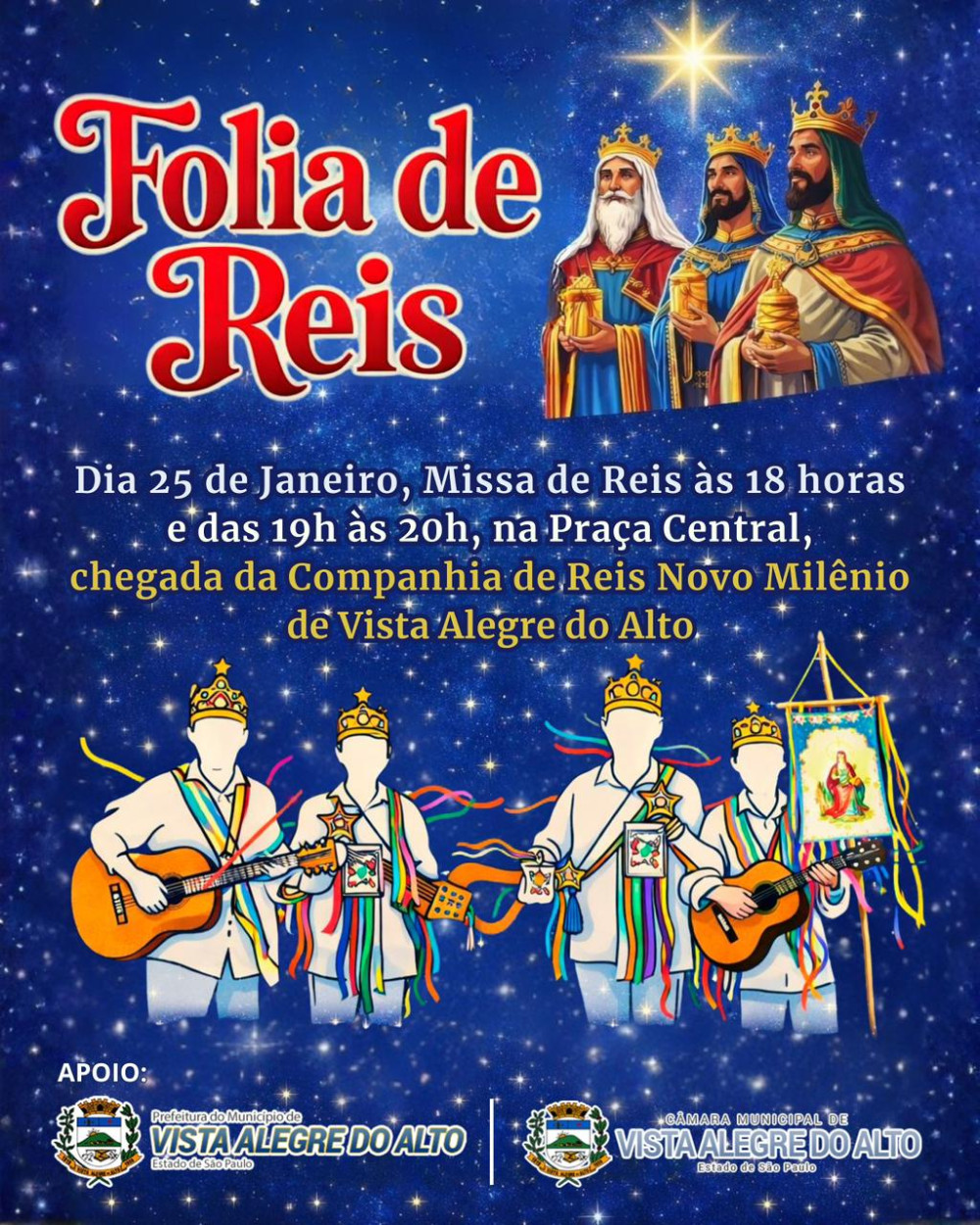 Vista Alegre do Alto recebe tradicional Folia de Reis no domingo, 25 de janeiro.