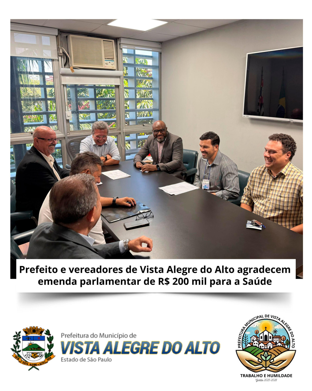 Prefeito e vereadores de Vista Alegre do Alto agradecem emenda parlamentar de R$ 200 mil para a Saúde.