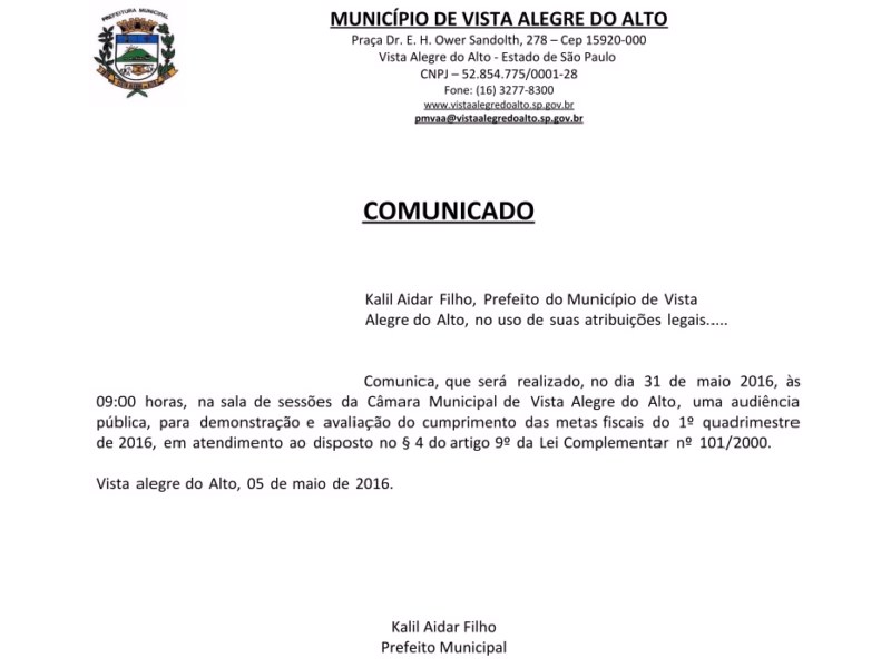 Comunicado de Audiência Pública.
