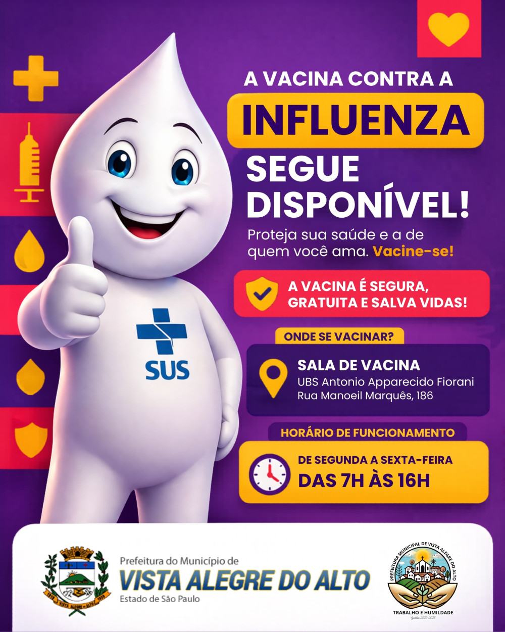 Vacinação contra a influenza continua disponível para a população no município.