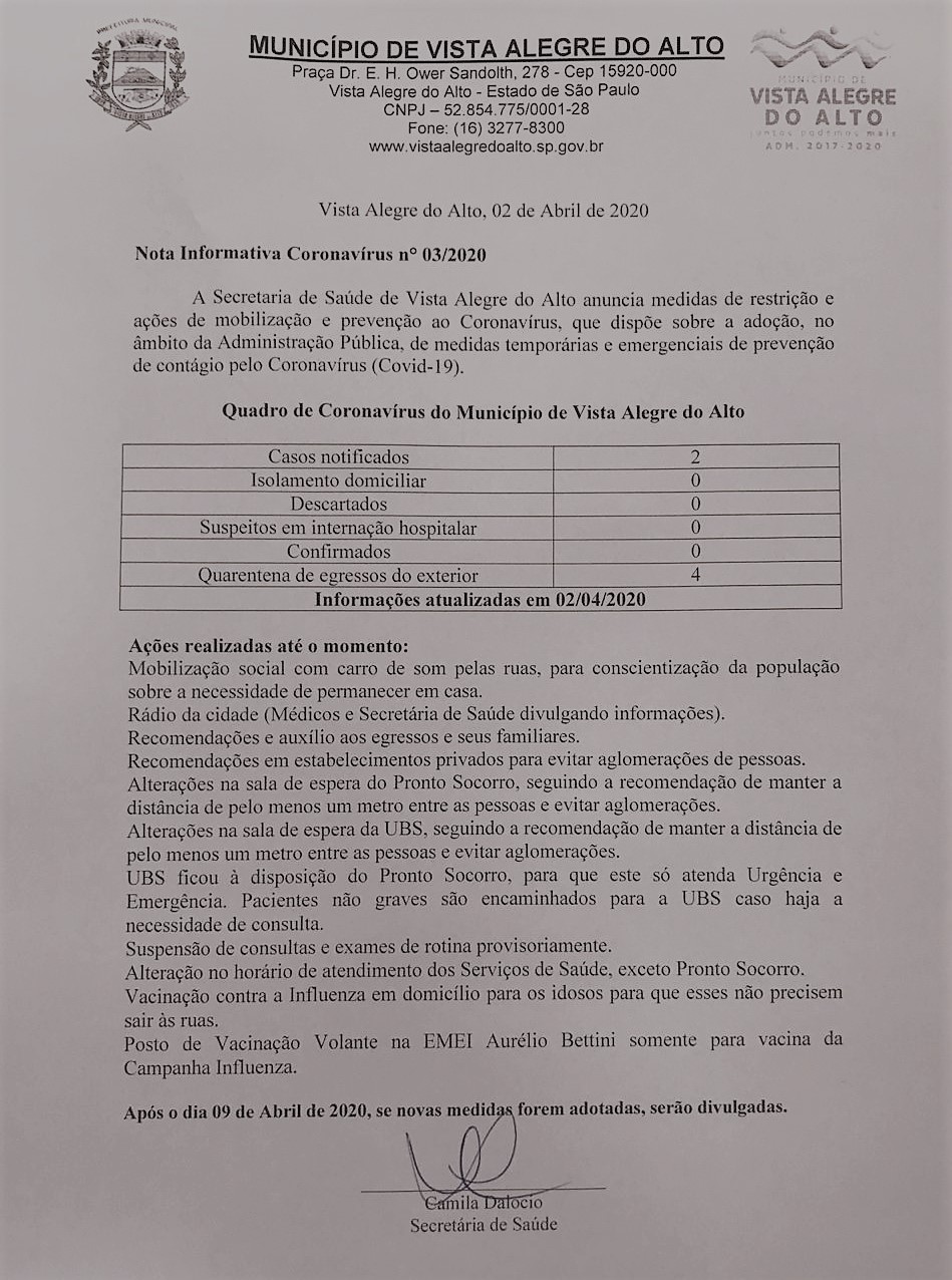 Nota Informativa Coronavírus nº 03/2020.