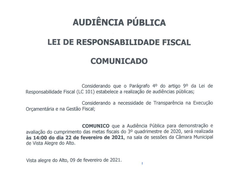 Comunicado - Audiência Pública LRF 3º Quadrimestre de 2020.