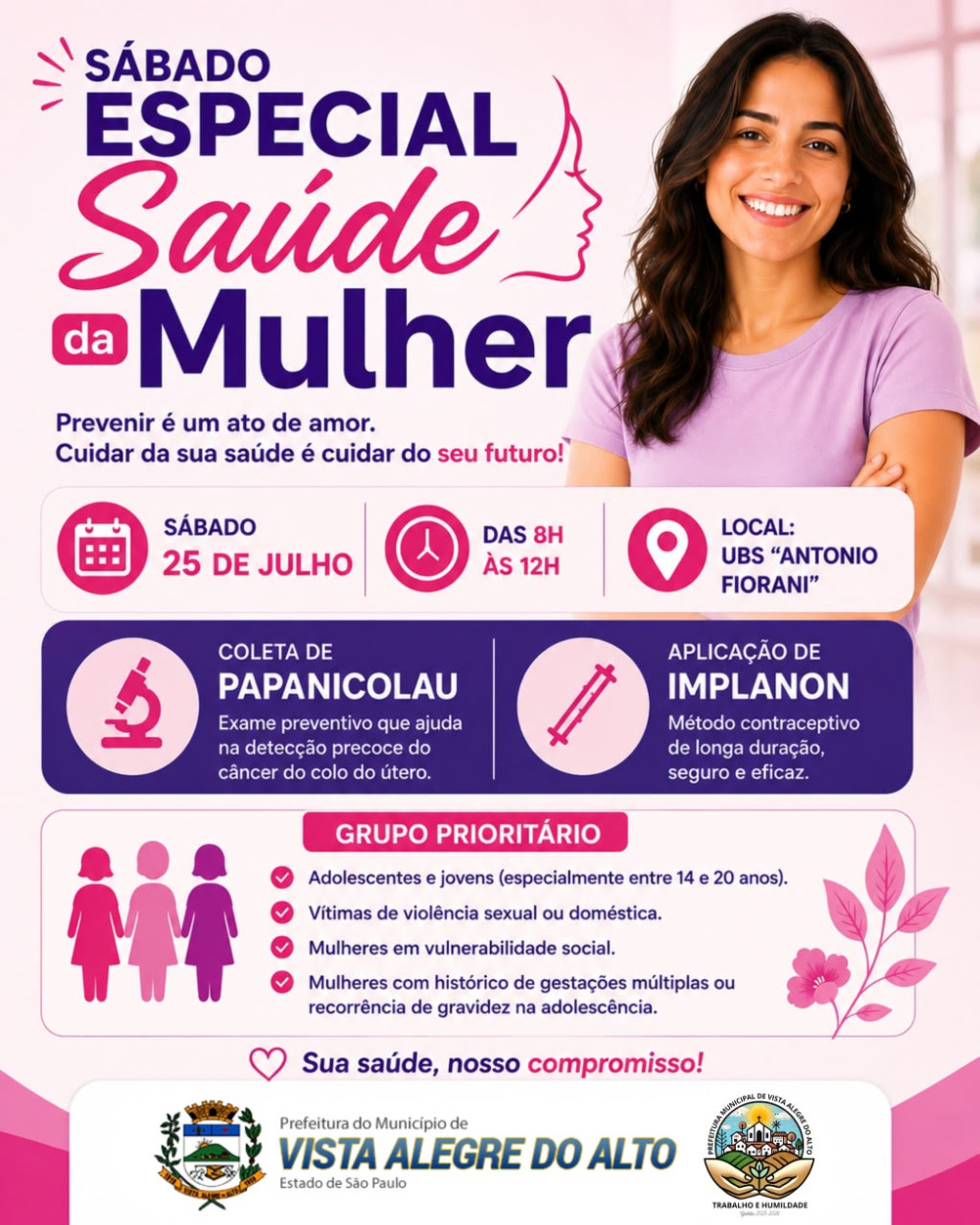 Prefeitura realiza Sábado Especial Saúde da Mulher no dia 25 de julho.