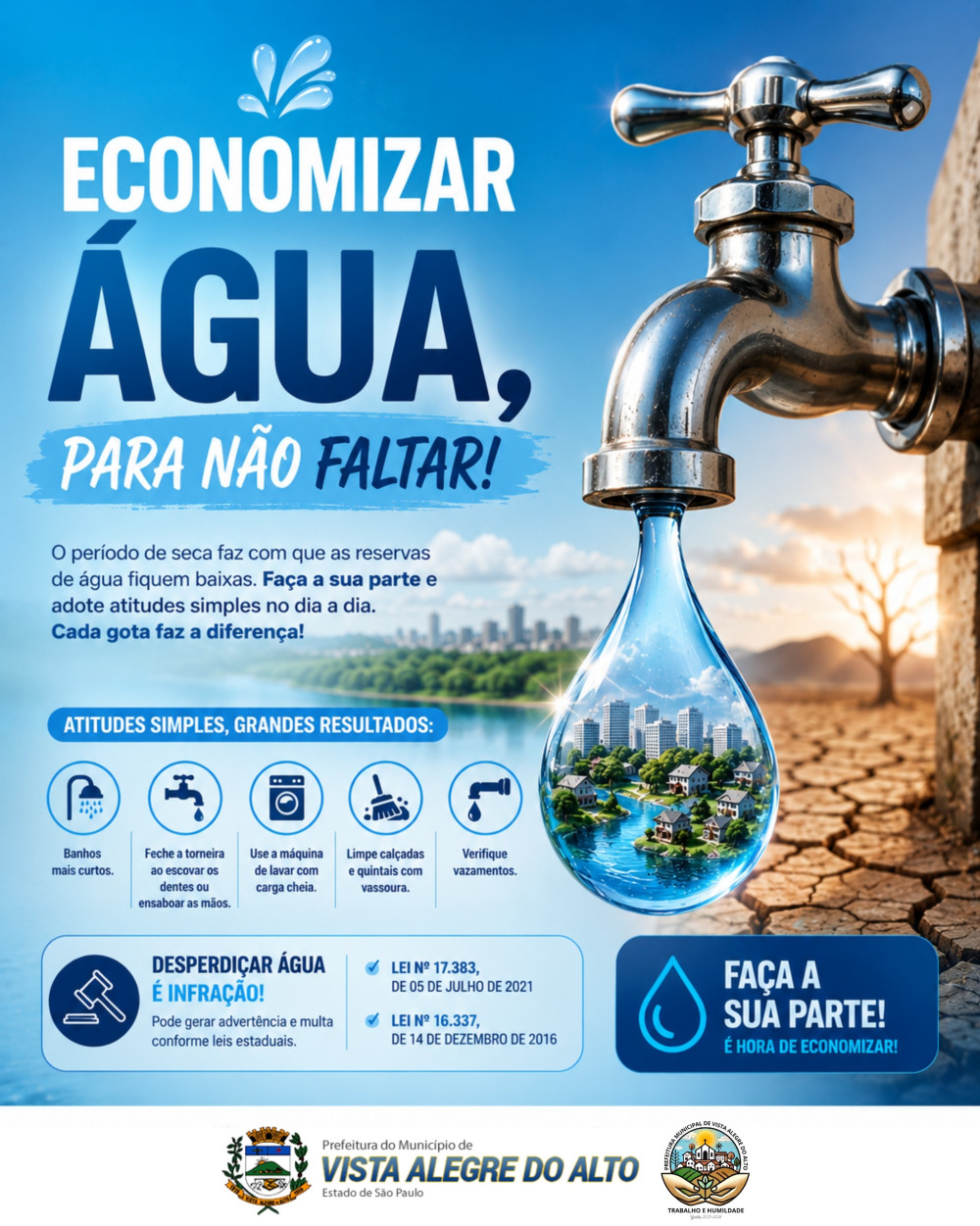 Prefeitura alerta população sobre a importância da economia de água.