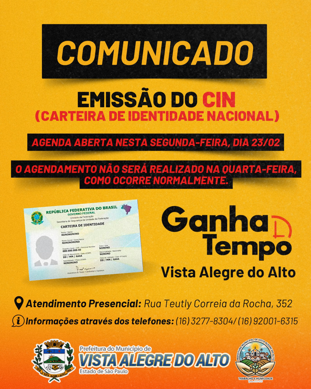 Prefeitura altera data de abertura da agenda para emissão da CIN em março.