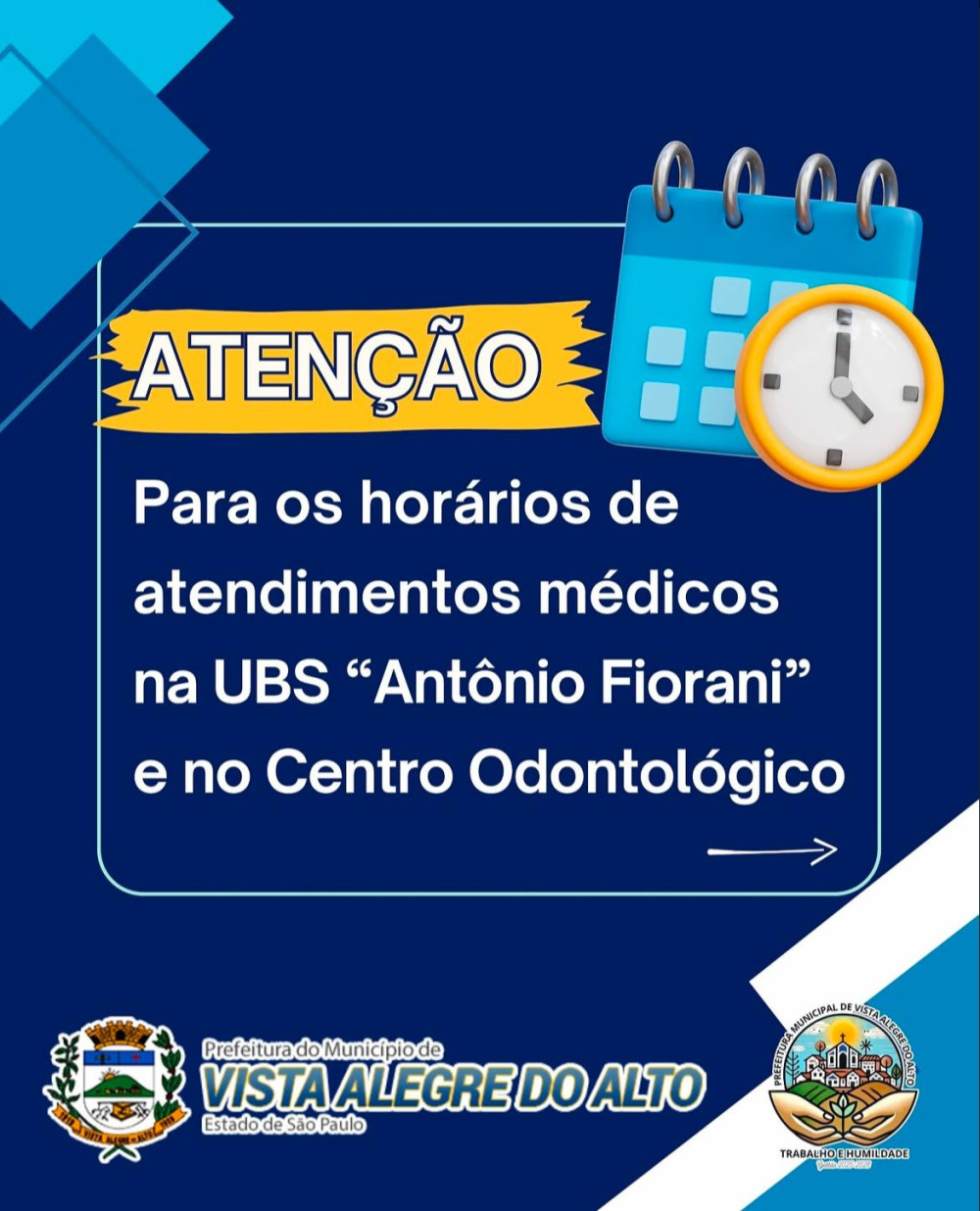 Atenção para os horários de atendimentos médicos na nossa UBS e no Centro Odontológico.