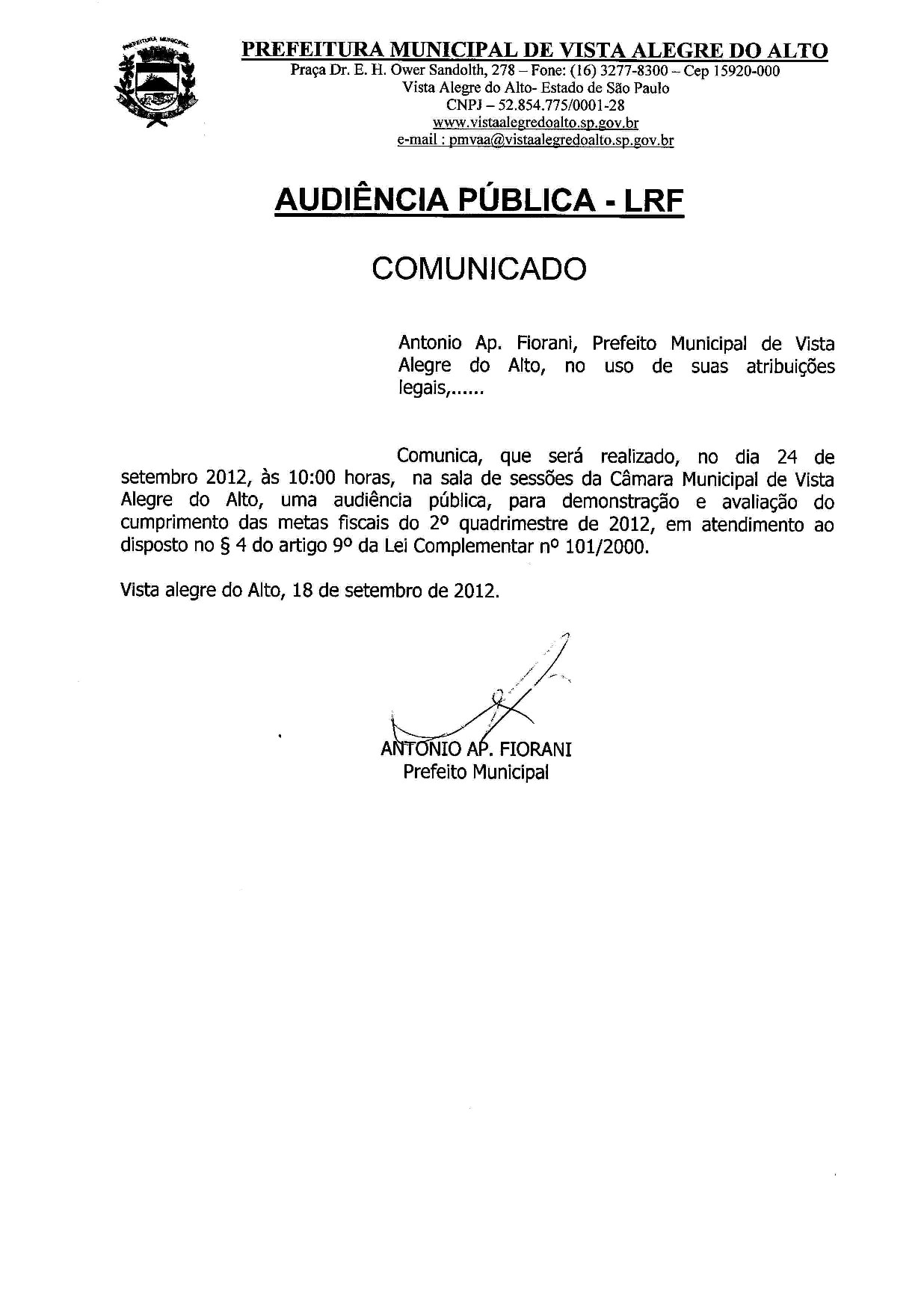 Comunicado de Audiência Pública - LRF