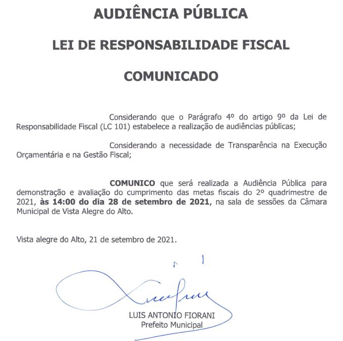 Audiência Pública - Demonstração e Avaliação Metas Fiscais 2º Quadrimestre 2021.