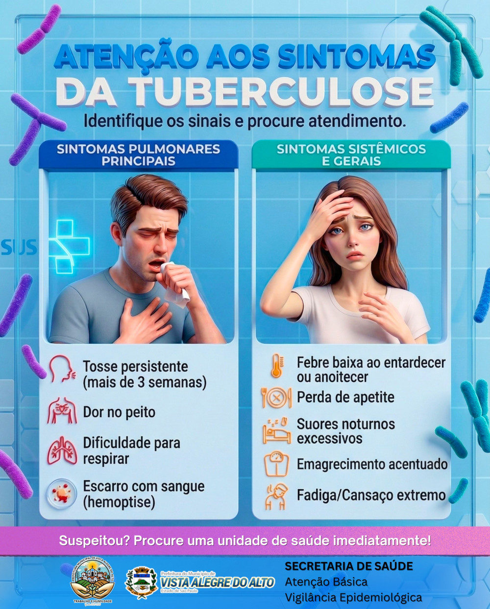 Prefeitura reforça alerta sobre sintomas da tuberculose e orienta população a buscar atendimento.