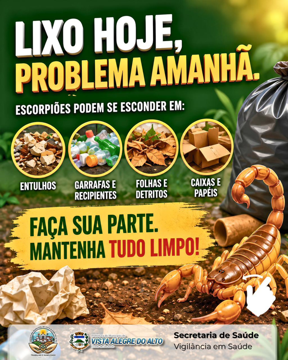 Prefeitura de Vista Alegre do Alto reforça campanha de prevenção contra escorpiões com orientação sobre descarte correto de resíduos.