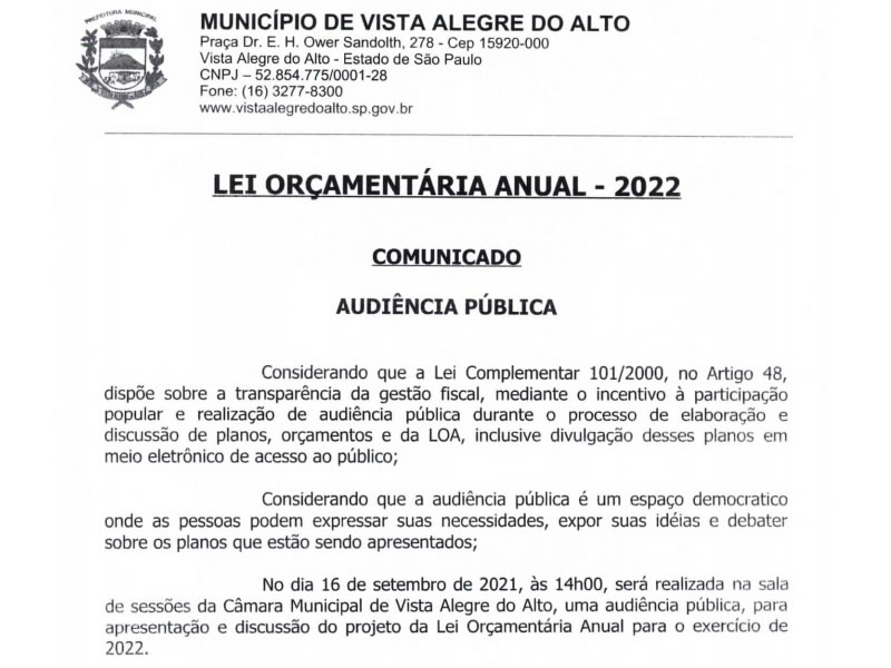 Comunicado - Audiência Pública LOA 2022.