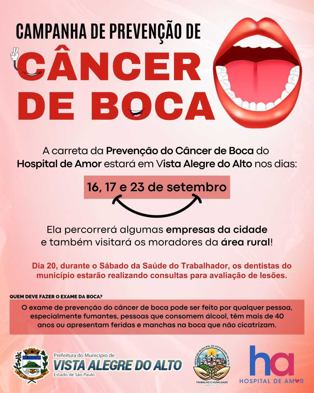 Vista Alegre do Alto promove campanha de prevenção ao câncer de boca em parceria com Hospital de Amor.