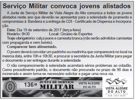 Serviço Militar convoca jovens alistados.