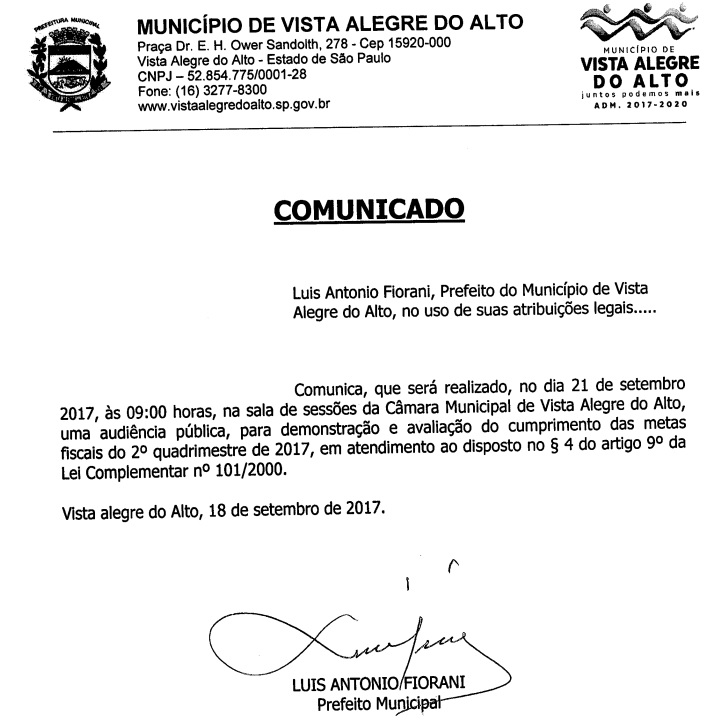 Comunicado Audiência Pública – LRF 2º Quadrimestre 2017.