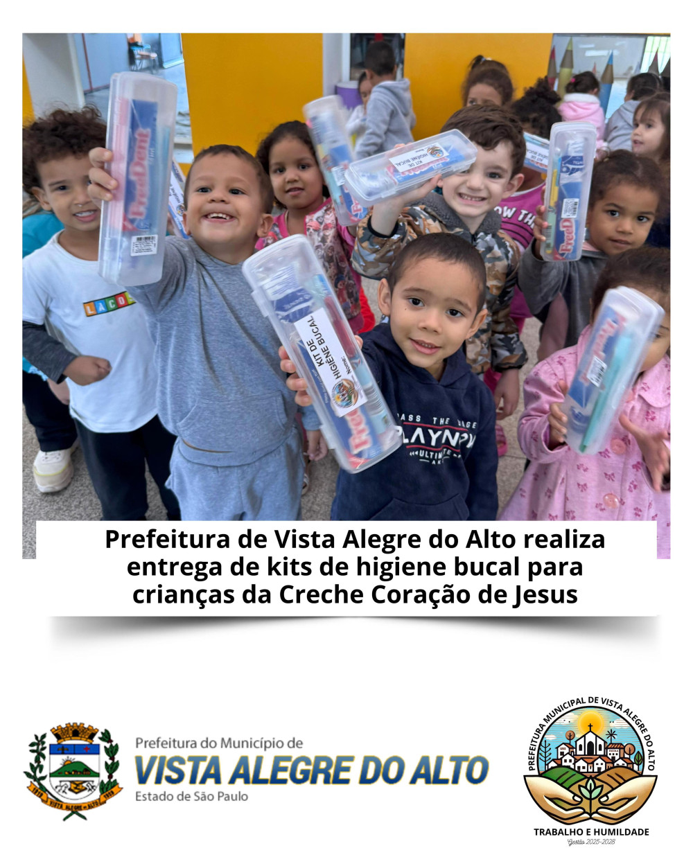 Prefeitura de Vista Alegre do Alto realiza entrega de kits de higiene bucal para crianças da Creche Coração de Jesus.