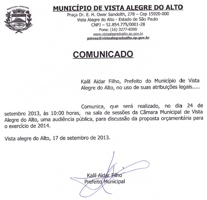 Comunicado de Audiência Pública - Proposta Orçamentária