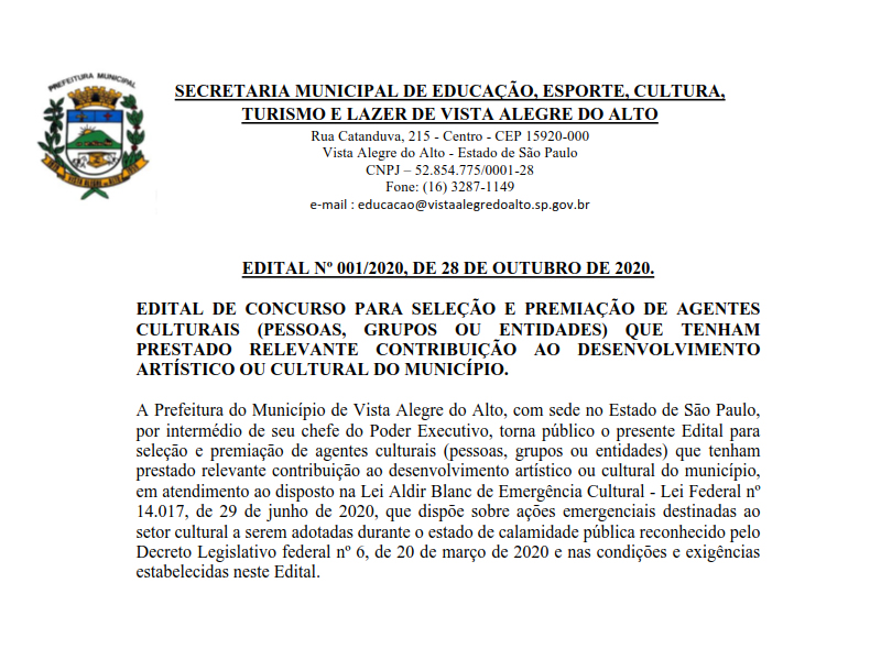 Edital de Concurso para Seleção e Premiação de Agentes Culturais.