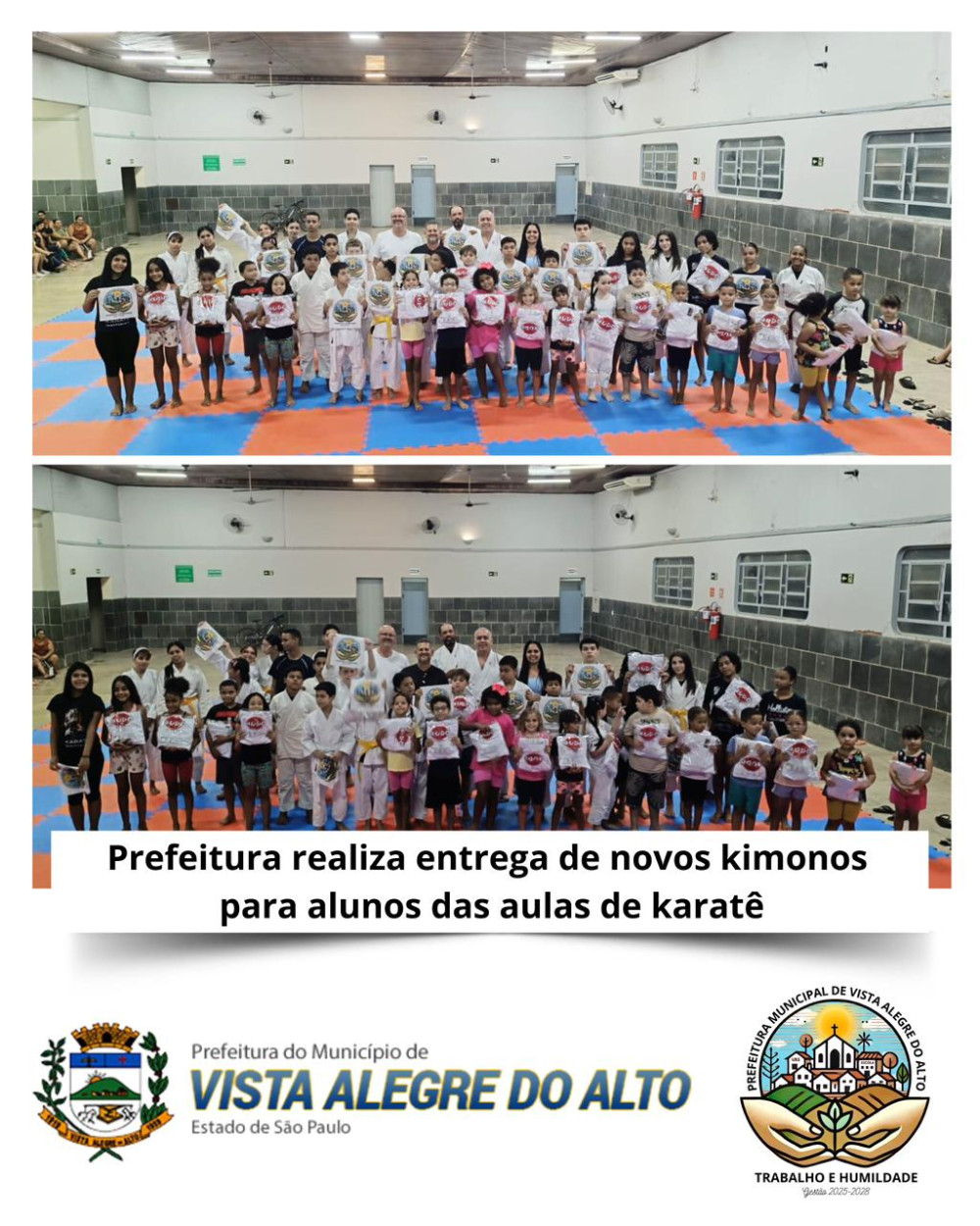 Prefeitura realiza entrega de novos kimonos para alunos das aulas de karatê.