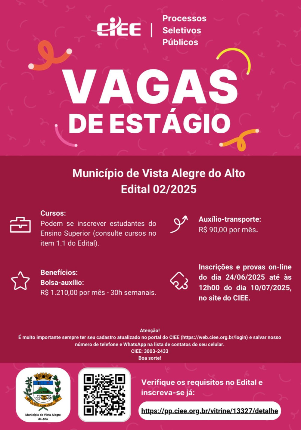 Prefeitura de Vista Alegre do Alto e a Secretaria de Educação abrem inscrições para vagas de estágio.