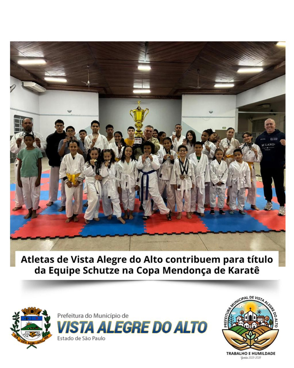 Atletas de Vista Alegre do Alto contribuem para título da Equipe Schutze na Copa Mendonça de Karatê.