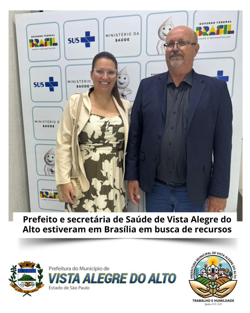 Prefeito e secretária de Saúde de Vista Alegre do Alto estiveram em Brasília em busca de recursos.