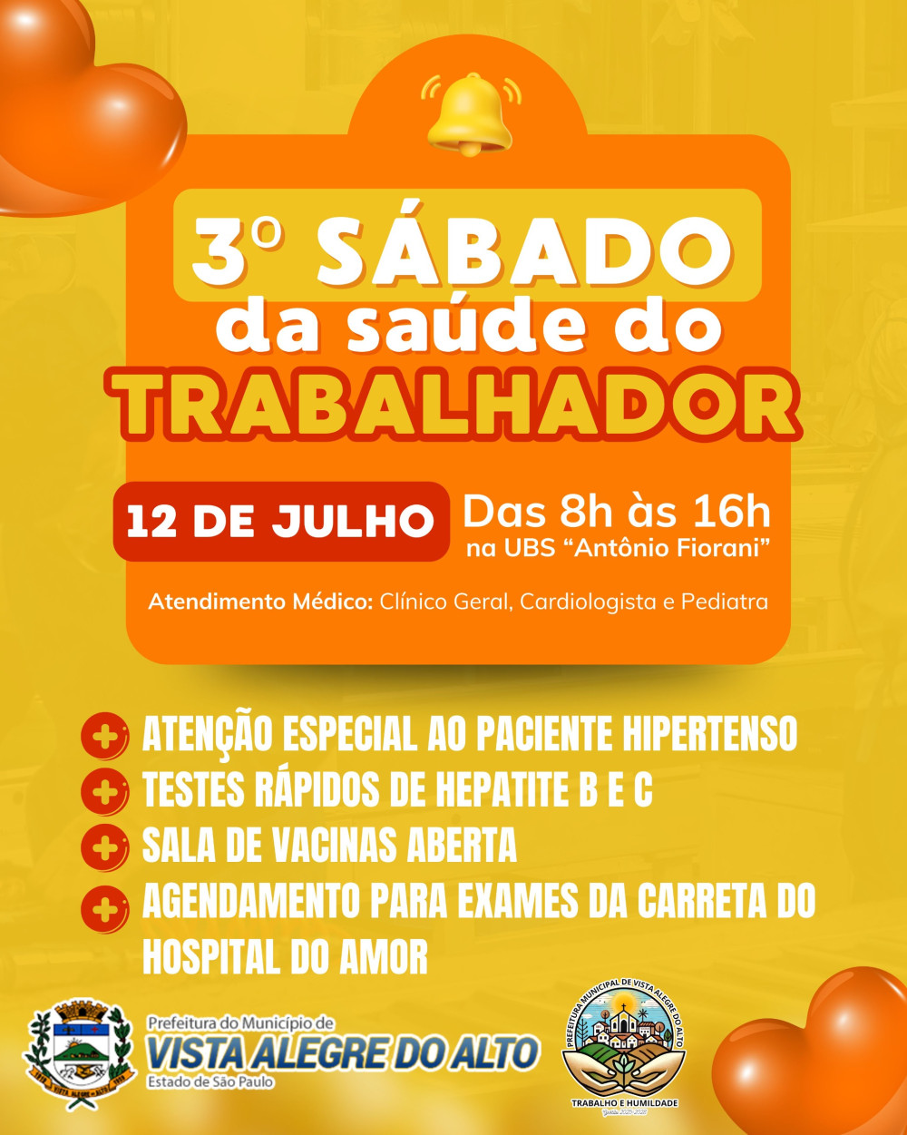 UBS de Vista Alegre do Alto promove 3º Sábado da Saúde do Trabalhador no dia 12 de julho.