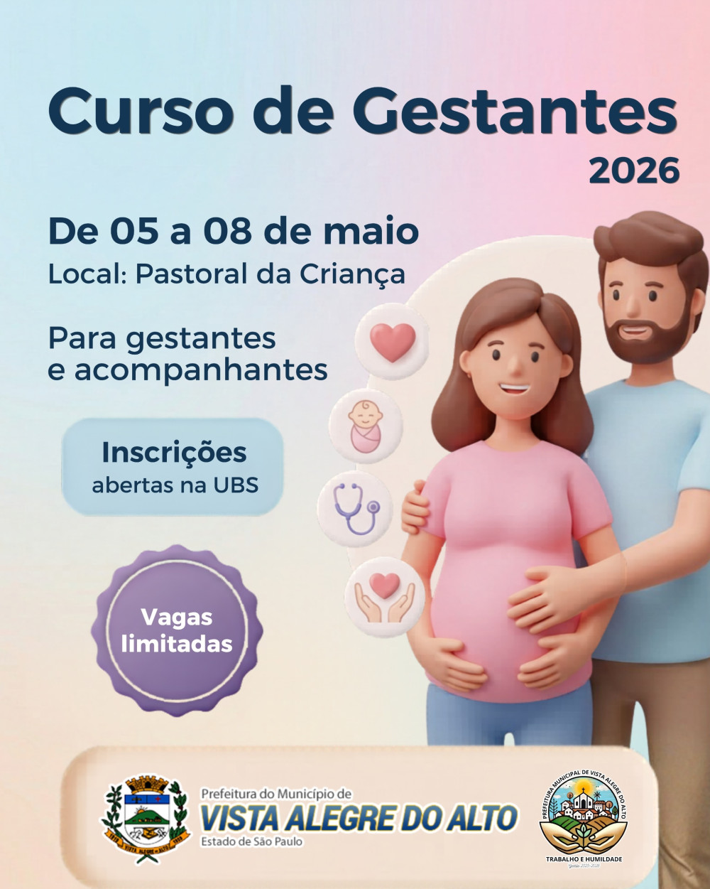 Prefeitura de Vista Alegre do Alto abre inscrições para o 1º Curso de Gestantes de 2026.