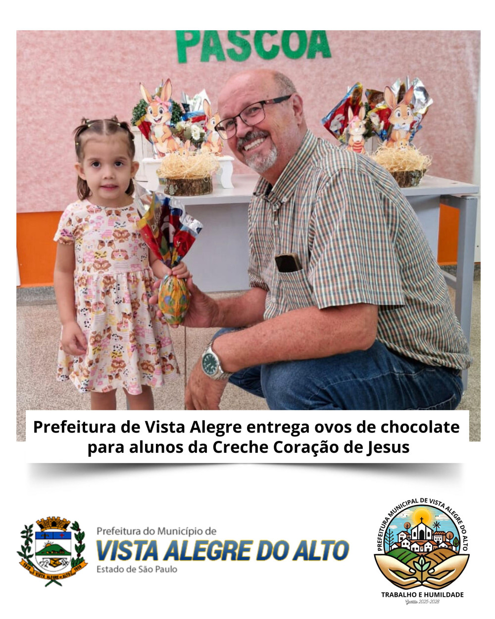 Prefeitura de Vista Alegre entrega ovos de chocolate para alunos da Creche Coração de Jesus.