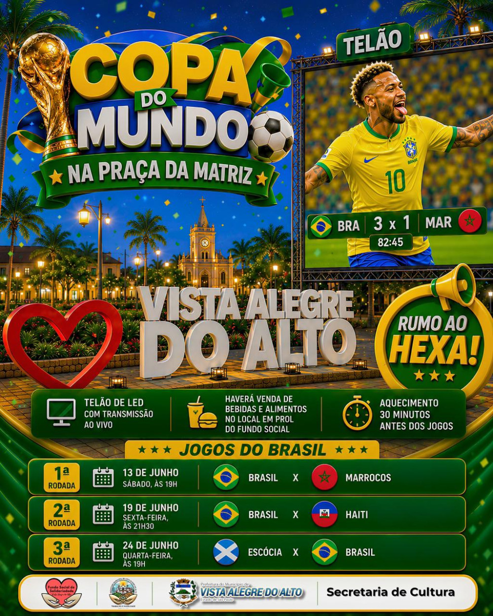 Vista Alegre do Alto terá telão para transmissão dos jogos do Brasil e convida população para torcer rumo ao hexa.