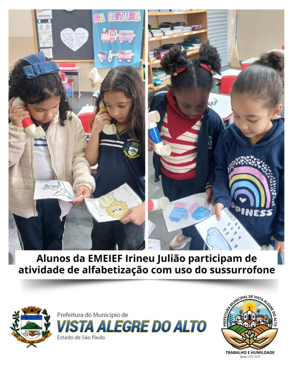 Alunos da EMEIEF Irineu Julião participam de atividade de alfabetização com uso do sussurrofone.