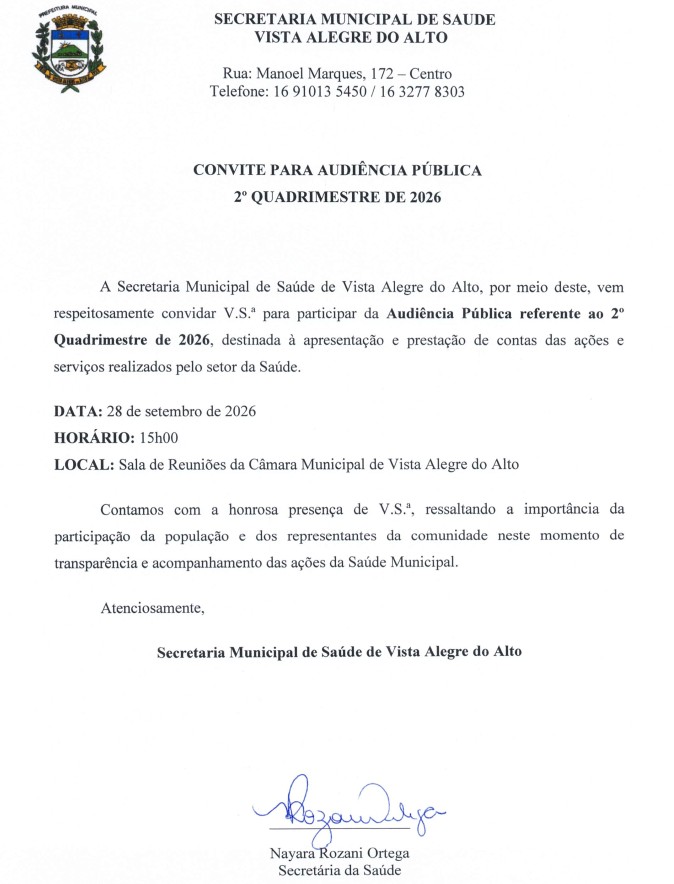 Saúde de Vista Alegre do Alto realiza Audiência Pública do 2º Quadrimestre de 2026.