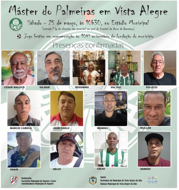 Jogo festivo em Vista Alegre vai ter presença de grandes craques do Palmeiras.