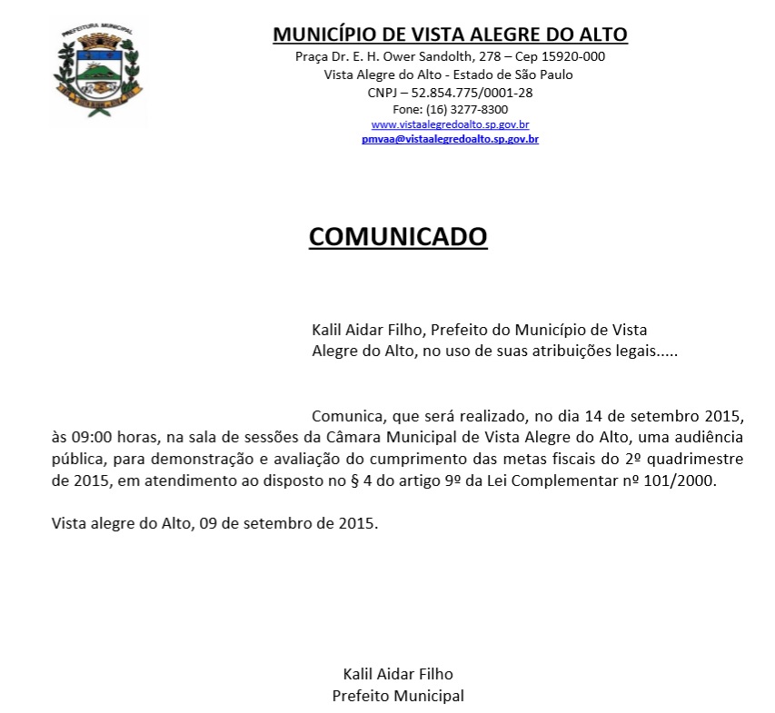 Comunicado - Audiência Pública LRF