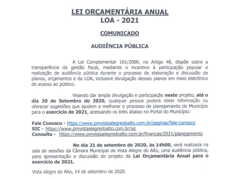 Comunicado - Audiência Pública LOA 2021.