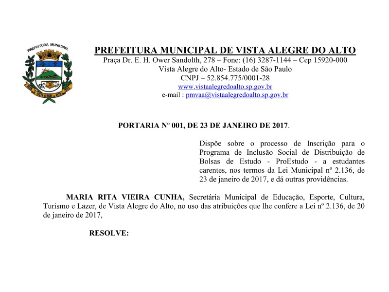 Portaria Nº 001, de 23 de Janeiro de 2017.