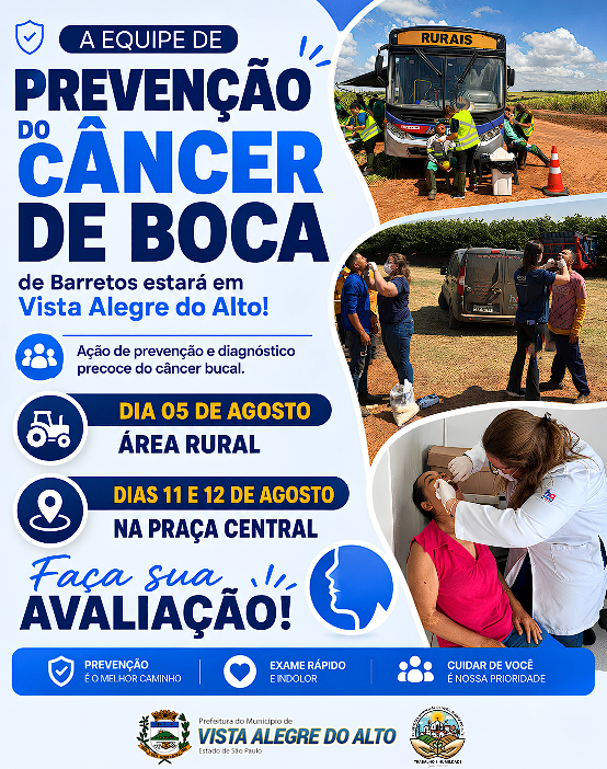 Equipe de Barretos realizará ação de prevenção ao câncer de boca em Vista Alegre do Alto.