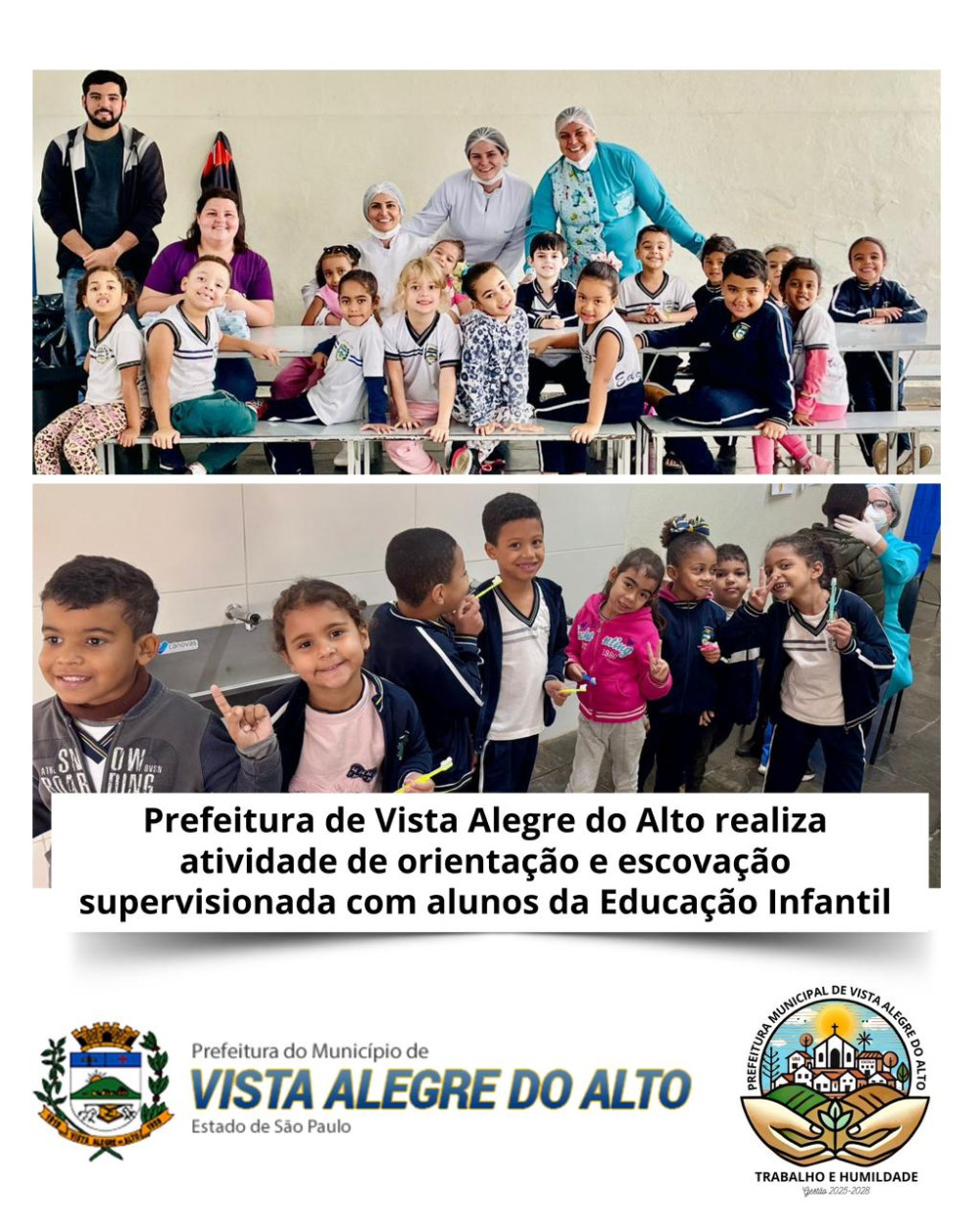 Prefeitura de Vista Alegre do Alto realiza atividade de orientação e escovação supervisionada com alunos da Educação Infantil.