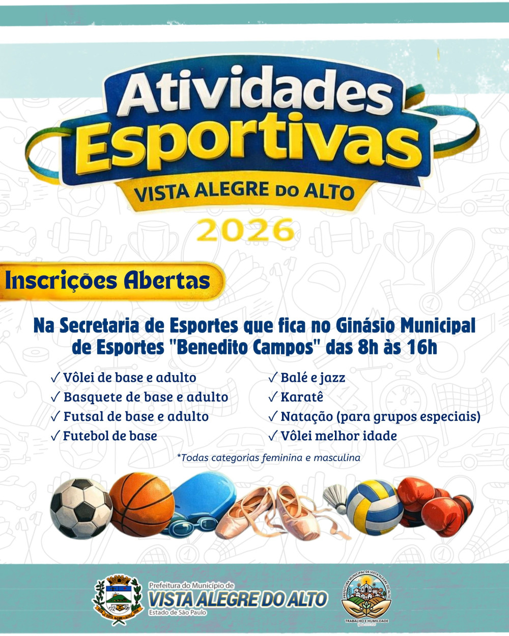 Secretaria de Esportes abre inscrições para atividades esportivas de 2026.